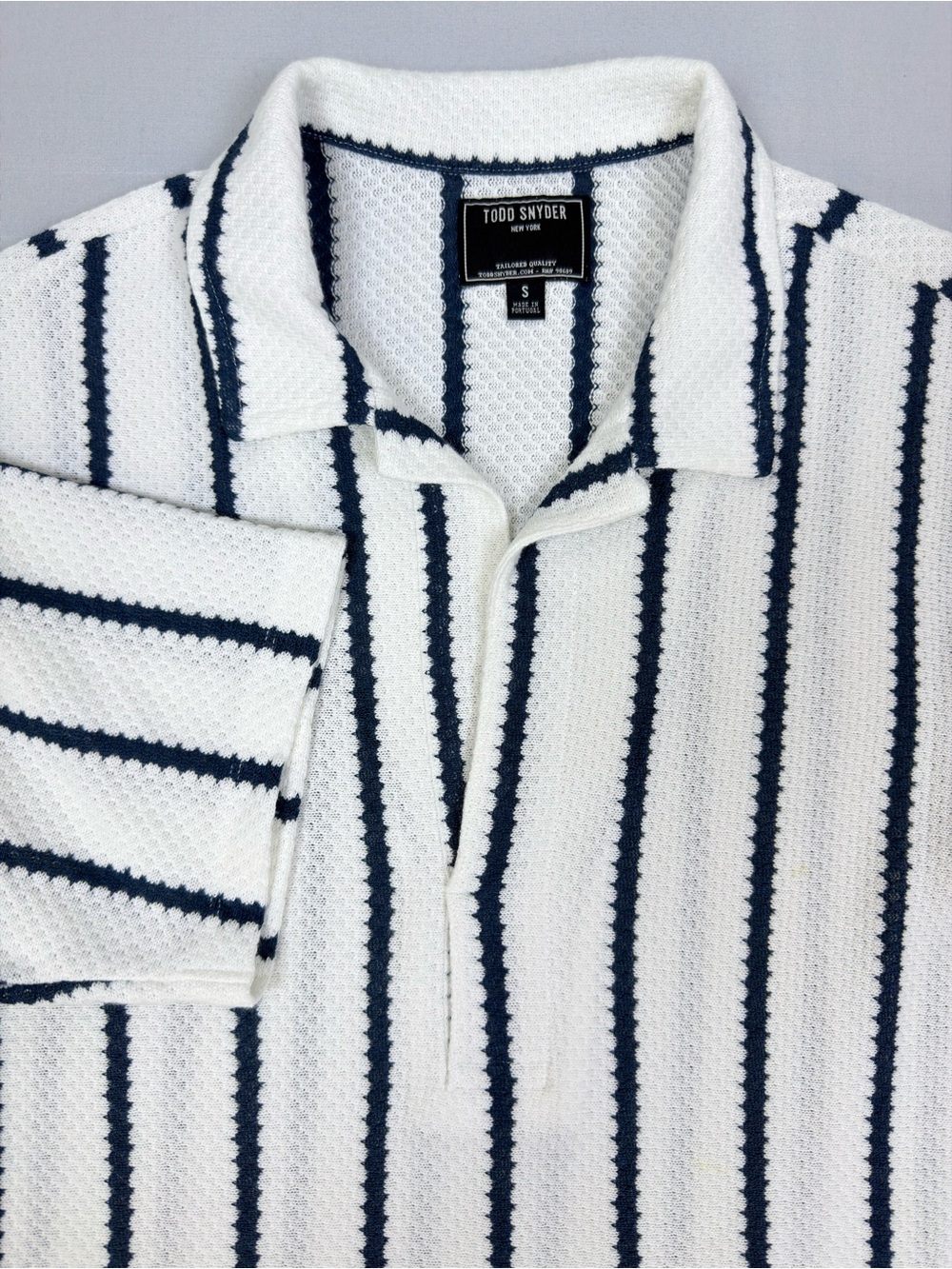 Todd Snyder Relaxed Textured Montauk Polo Coastal White Blue Stripe Size S